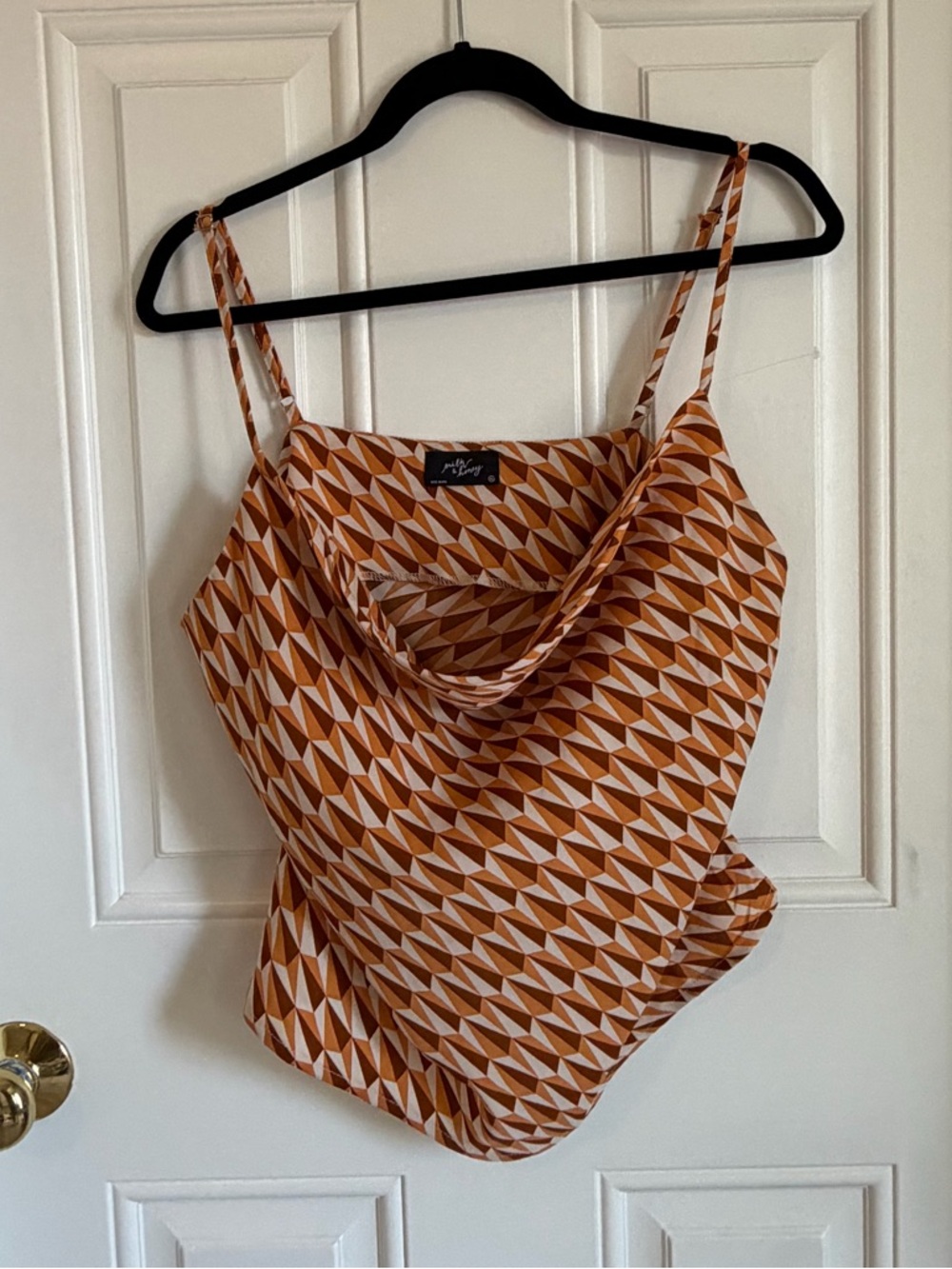 Cowl Neck Geometric Print Camisole - Rust/White